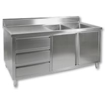 F.E.D DSC-1800R-H Stainless Steel 2 Solid Doors 3 Drawers Kitchen Tidy Cabinet With Double Right Sinks